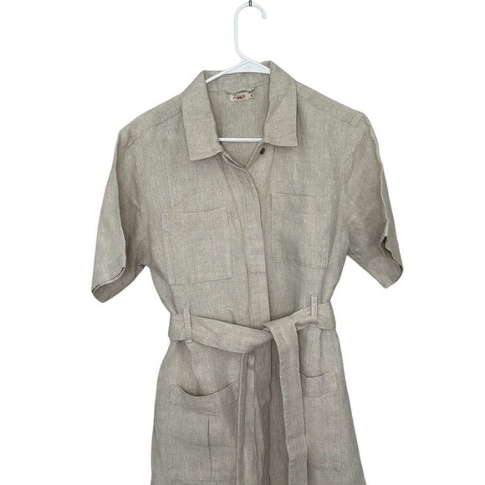 Faherty Linen Shirt Dress M Belted Midi Utility Button Front‎ Pockets neutral - Picture 5 of 12
